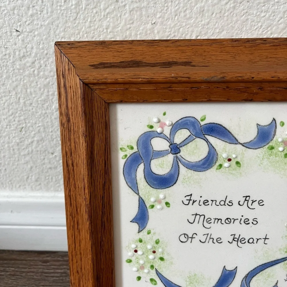 Wooden Framed Ceramic Wall Art with Blue Accents 9/9 Inch